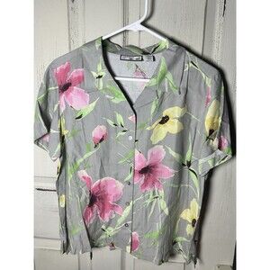 Caribbean Joe Petites Women’s Hawaiian Button Up Shirt Green Floral  Sz PL
